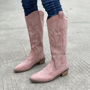Point Toe Block Heels Boots Light Pink Faux Suede Mid-Calf Boots